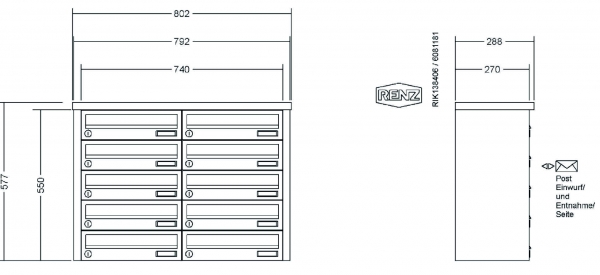 RENZ Briefkastenanlage Aufputz, Tetro, Edelstahl V4A, Kastenformat 370x110x270mm, 10-teilig